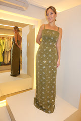 VESTIDO LONGO DECOTE RETO BORDADO VERDE OLIVA