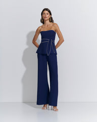 CONJUNTO BLUSA STRAPLESS CALÇA WIDE LEG CORDÃO AZUL