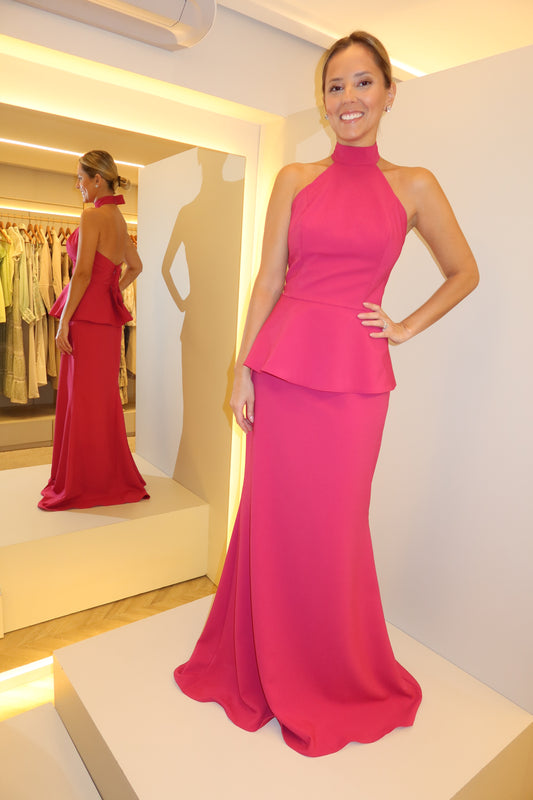 VESTIDO LONGO GOLA ALTA E PEPLUM PINK