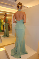 VESTIDO LONGO GOLA ALTA E PEPLUM VERDE