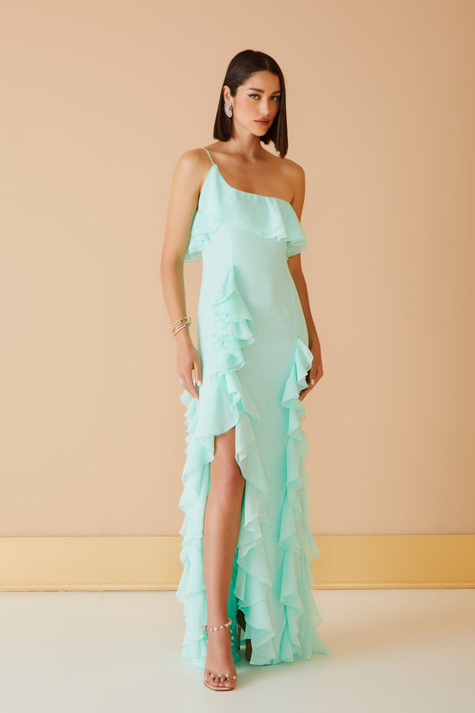 VESTIDO LONGO BABADOS OMBRO SO VERDE MENTA