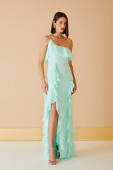 VESTIDO LONGO BABADOS OMBRO SO VERDE MENTA