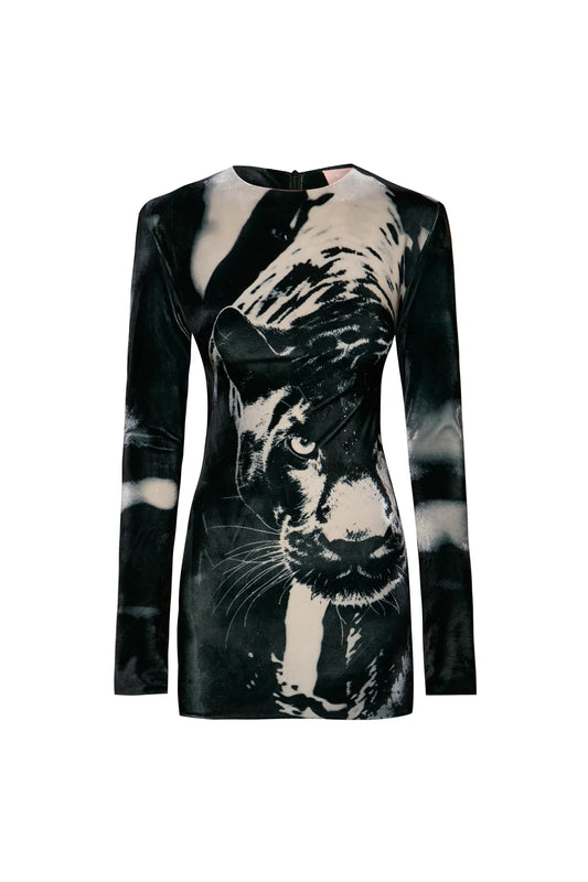 VESTIDO CURTO MANGA LONGA LUVAS VELUDO PANTERA