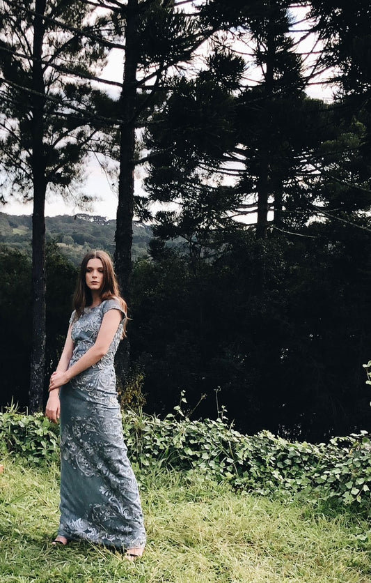 VESTIDO LONGO PATRICIA BONALDI AZUL BORDADO
