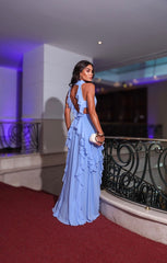 VESTIDO GOLA ALTA COM FRANZIDO E BABADO AZUL