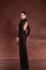 VESTIDO LONGO PAETÊ DECOTE COSTAS E FAIXA PRETO