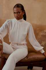 BLUSA MANGA LONGA DETALHE CANELADO MADREPEROLA / NUDE