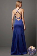 VESTIDO LONGO BUSTO BORDADO C/ DECOTE COSTAS AZUL