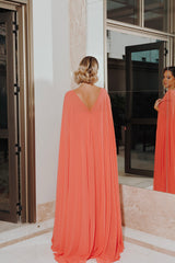 VESTIDO LONGO DE FESTA COM CAPA REMOVÍVEL SALMÃO