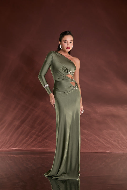 VESTIDO LONGO TRIO FIVELAS VAZADO VERDE OLIVA