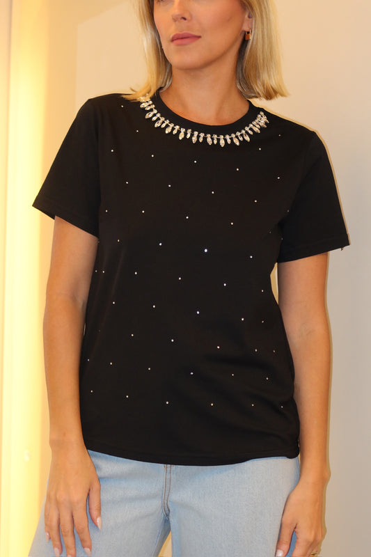 BLUSA GOLA STRASS COM BRILHO PRETO