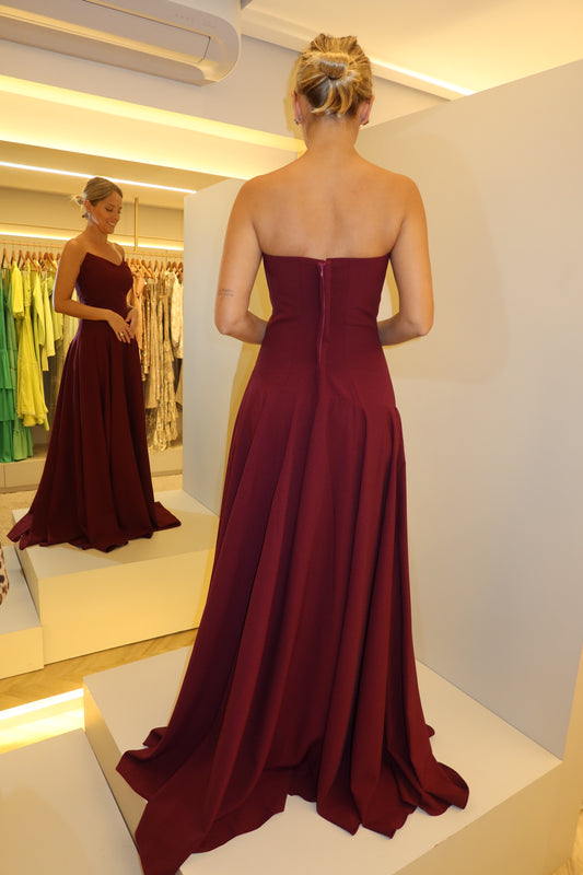 VESTIDO LONGO TOMARA QUE CAIA CINTURA BAIXA MARSALA