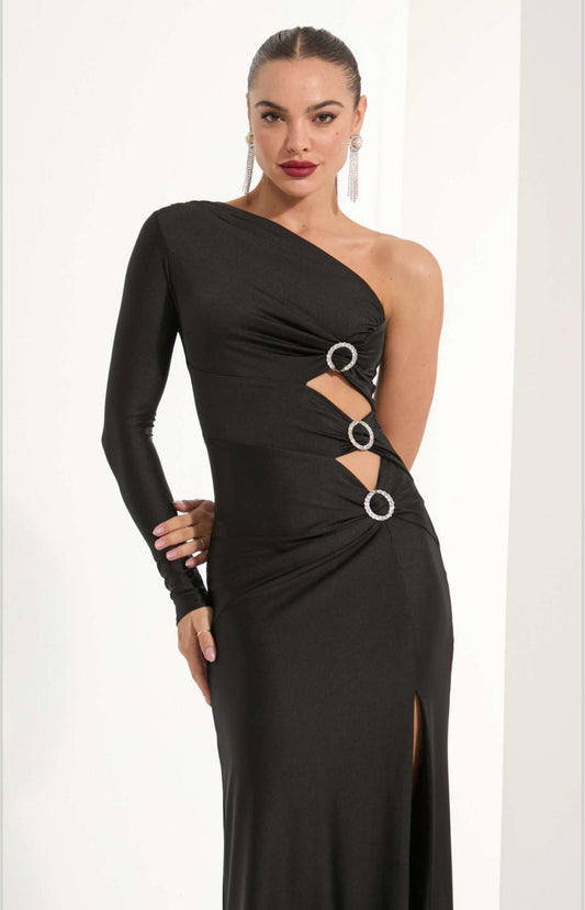 VESTIDO LONGO TRIO FIVELAS VAZADO PRETO