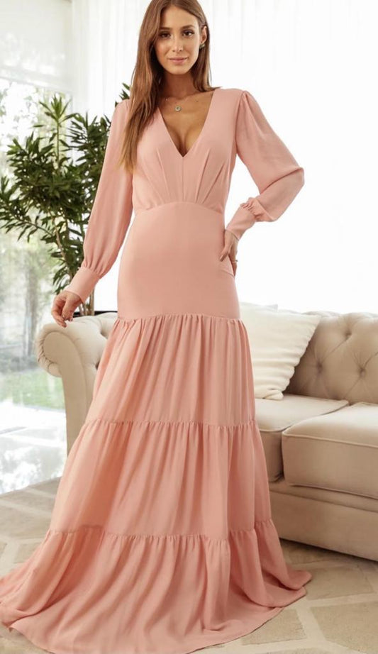 VESTIDO LONGO SUÉCIA MANGA LONGA ROSÊ