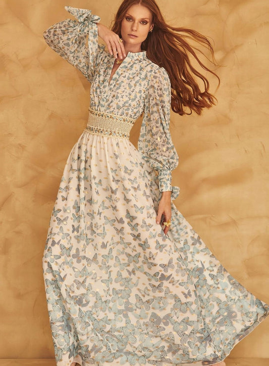 VESTIDO ESTAMPA BORBOLETA AZUL BORDADO CINTURA