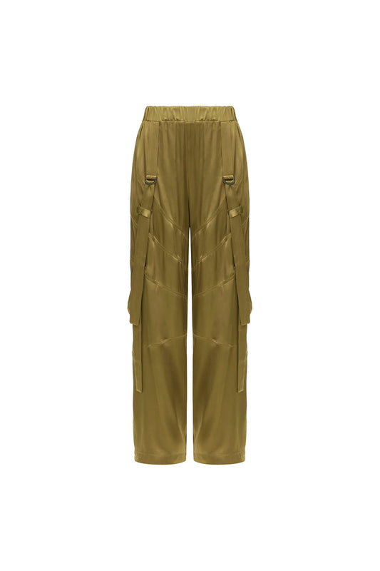 CALÇA RECORTES FAIXAS CETIM VERDE