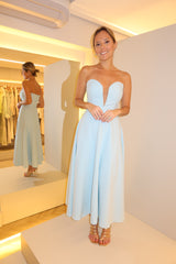 VESTIDO MIDI GODÊ DECOTE CORAÇÃO AZUL CLARO