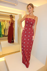 VESTIDO LONGO DECOTE RETO BORDADO MARSALA