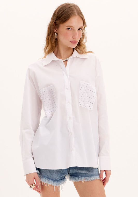 CAMISA COM BOLSO BRILHO MANGA LONGA BRANCA