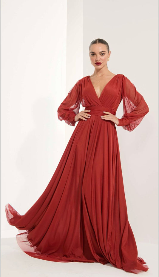 VESTIDO LONGO DECOTE V MANGA REMOVÍVEL VERMELHO / TERRACOTA