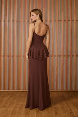 VESTIDO LONGO ALESSANDRA BABADOS COFFEE