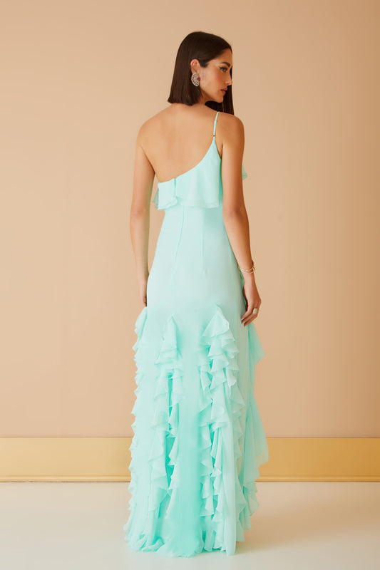 VESTIDO LONGO BABADOS OMBRO SO VERDE MENTA