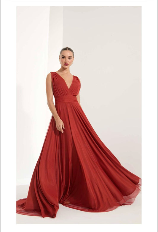 VESTIDO LONGO DECOTE V MANGA REMOVÍVEL VERMELHO / TERRACOTA