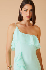 VESTIDO LONGO BABADOS OMBRO SO VERDE MENTA