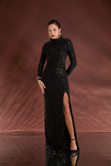 VESTIDO LONGO PAETÊ DECOTE COSTAS E FAIXA PRETO