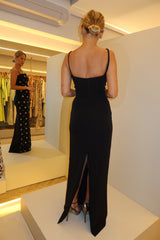 VESTIDO LONGO DECOTE RETO BORDADO PRETO