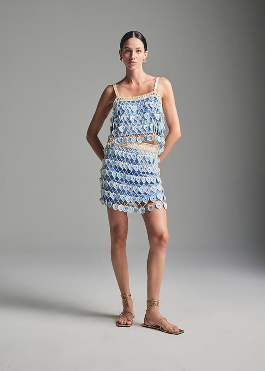 CONJUNTO DANUZA CROCHÊ FORMATO CORAÇÕES AZUL DETALHES OFF WHITE