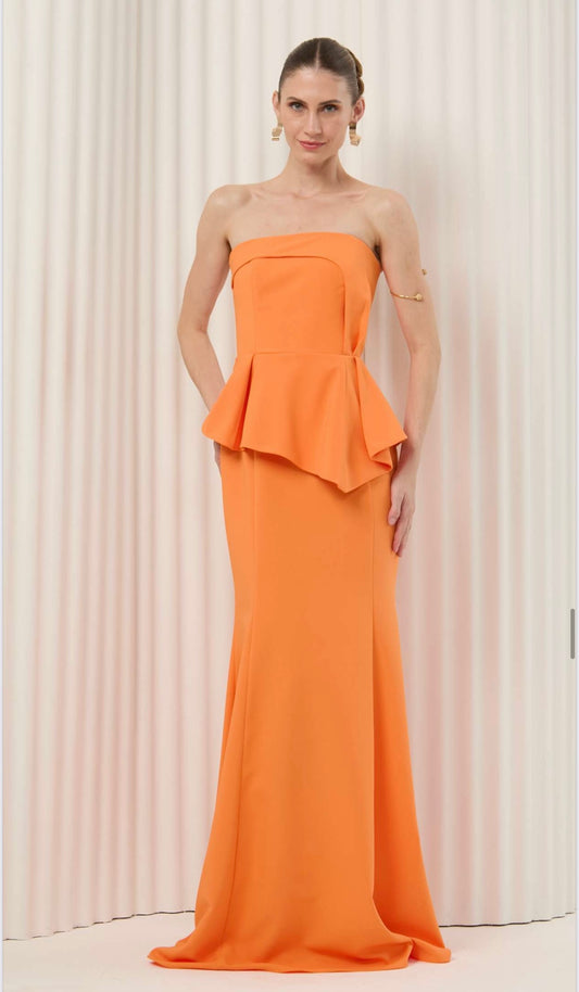 VESTIDO LONGO TOMARA QUE CAIA E PEPLUM CORAL
