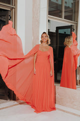 VESTIDO LONGO DE FESTA COM CAPA REMOVÍVEL SALMÃO