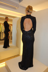 VESTIDO LONGO PAETÊ DECOTE COSTAS E FAIXA PRETO