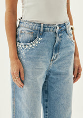 CALÇA JEANS WIDE LEG SUPER HIGH TACHAS BRANCAS