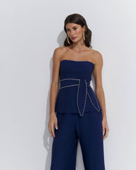 CONJUNTO BLUSA STRAPLESS CALÇA WIDE LEG CORDÃO AZUL