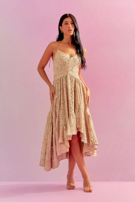 VESTIDO ASSIMÉTRICO BORDADO ESPELHO PÉROLA