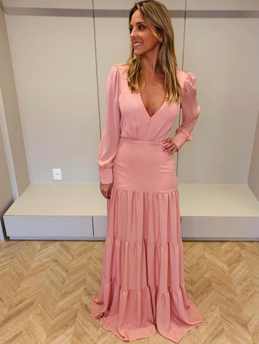 VESTIDO LONGO SUÉCIA MANGA LONGA ROSA CLARO