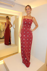 VESTIDO LONGO DECOTE RETO BORDADO MARSALA