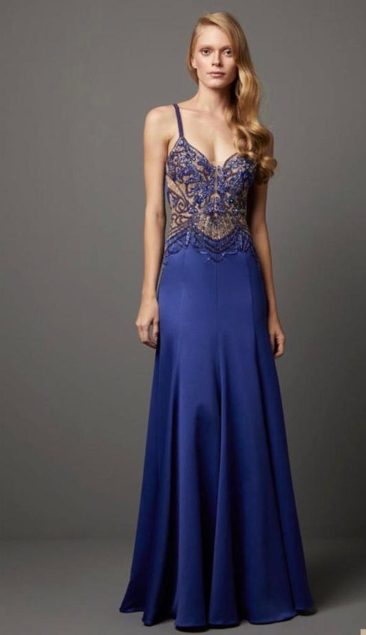 VESTIDO LONGO BUSTO BORDADO C/ DECOTE COSTAS AZUL