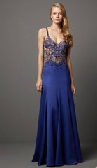 VESTIDO LONGO BUSTO BORDADO C/ DECOTE COSTAS AZUL