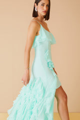 VESTIDO LONGO BABADOS OMBRO SO VERDE MENTA