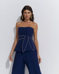 CONJUNTO BLUSA STRAPLESS CALÇA WIDE LEG CORDÃO AZUL