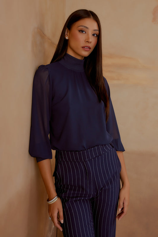 BLUSA MANGA LONGA DETALHE CANELADO AZUL ECLIPSE