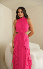 VESTIDO GOLA ALTA COM FRANZIDO E BABADO PINK