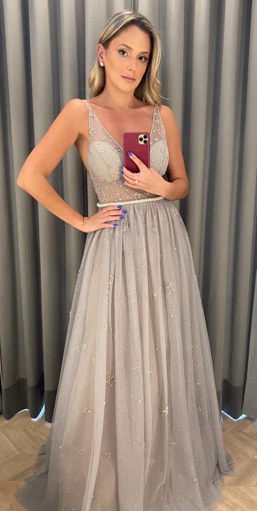 VESTIDO LONGO ESTRELAS BORDADO PRATA THAYS TEMPONI