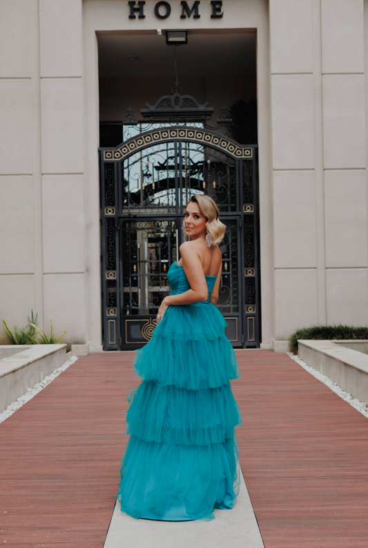 VESTIDO LONGO TULE TOMARA QUE CAIA SAIA CAMADAS VERDE