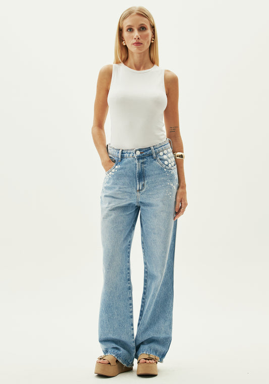 CALÇA JEANS WIDE LEG SUPER HIGH TACHAS BRANCAS