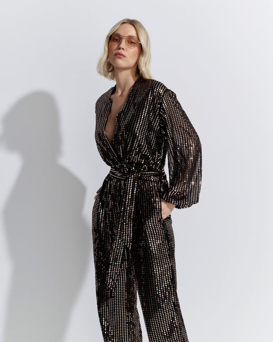 MACACÃO MANGA LONGA PAETE GOLD PRETO