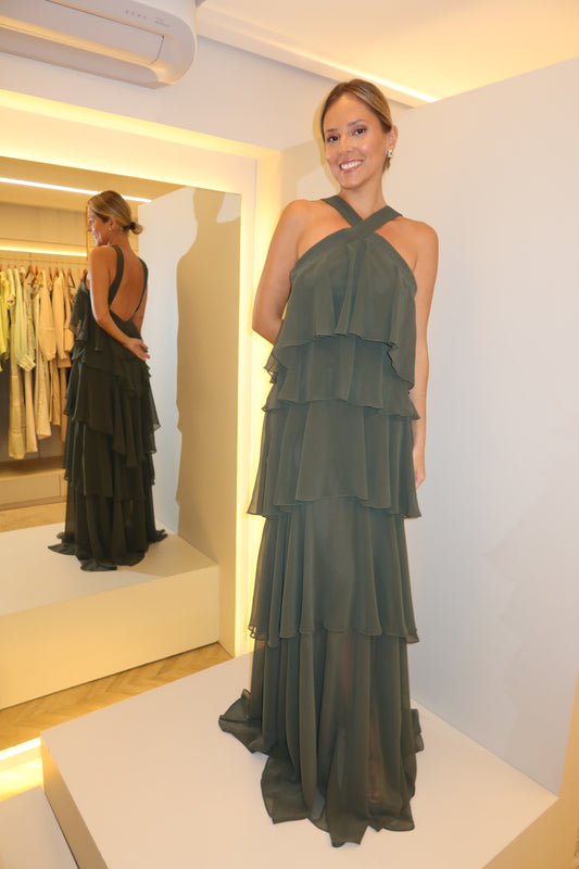 VESTIDO LONGO CAMADAS FRENTE ÚNICA VERDE OLIVA